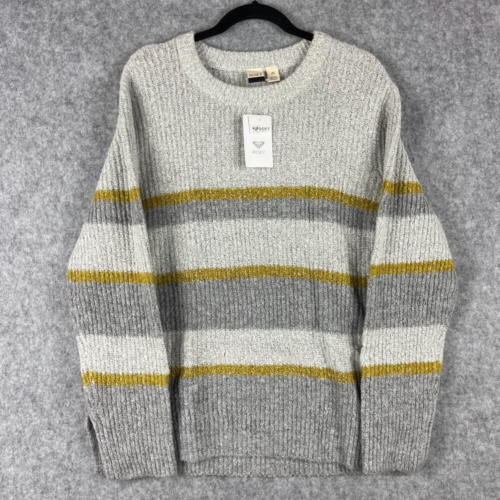 Roxy Sweater Womens Large Gray‎ Striped Wool Blend Knit Pullover Casual NEW